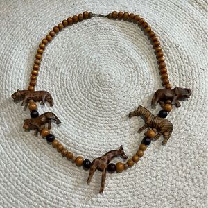 Vintage African Hand Carved Wooden Safari Animal Beaded Necklace 26"